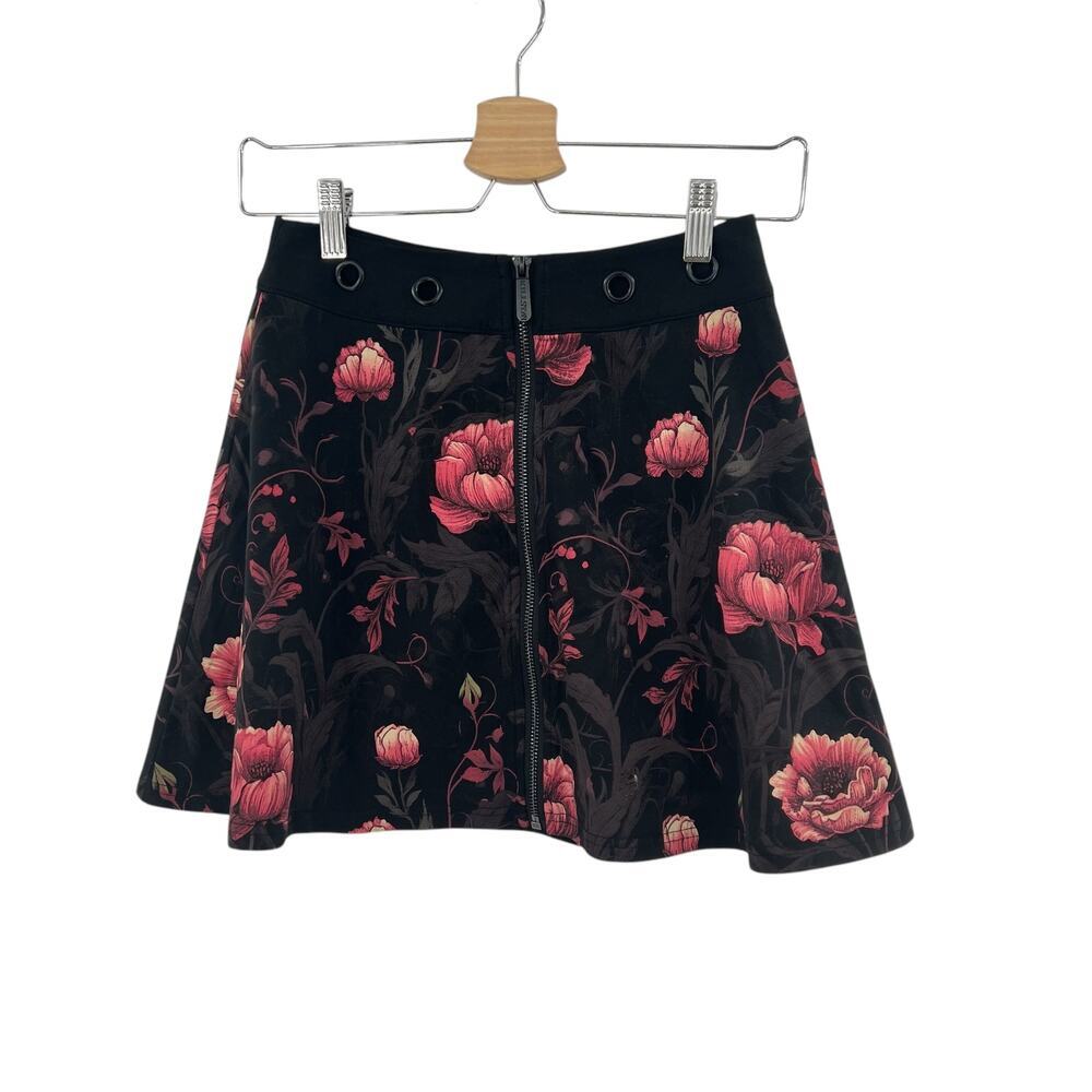 Killstar Cottage Chorus Skirt Cotton Black Pink Floral Print Mini Goth Size XS